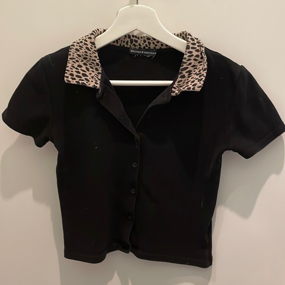 Brandy Melville - Cheetah Collar Black Button-up Top (“Caroline Top”) OSFA - Picture 1 of 4